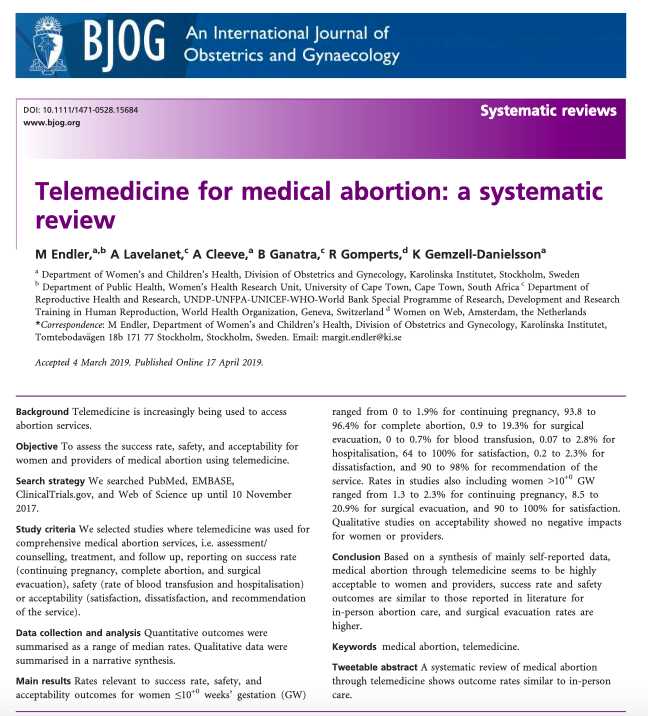 Telemedicine for medical abortion: a systematic review