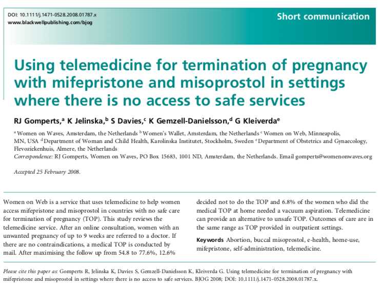 Telemedicine for abortion in countries where no access to safe abortion